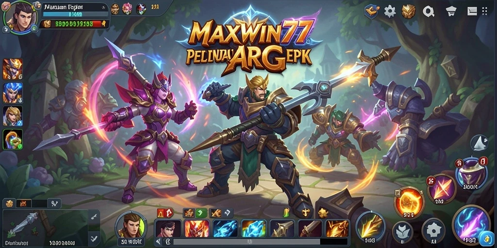 Screenshot menunjukkan pertarungan epik dalam game ARPG MAXWIN77.