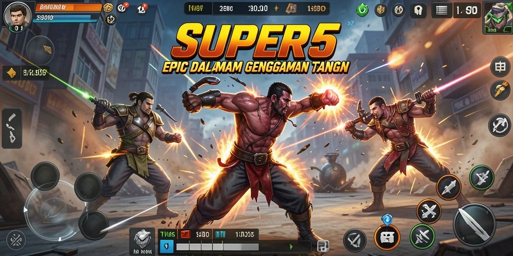 Gameplay mendebarkan dalam pertarungan epic SUPER5 dengan karakter unik.