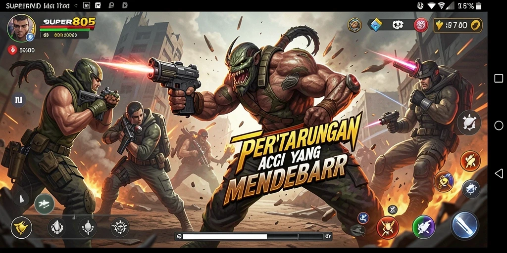 Tampilan gameplay SUPER805 saat pertarungan sengit berlangsung.